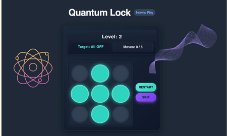 Quantum Lock Game - Tap the magic lights to make them all match the target, remembering that tapping one also flips its neighbors, before you run out of tries!